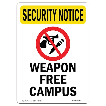 Signmission Safety Sign, OSHA SECURITY NOTICE, 7" Height, Weapon Free Campus, Portrait OS-SN-D-57-V-11792